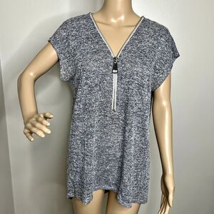 Joan Vass Marled Zipper Short Sleeve Top